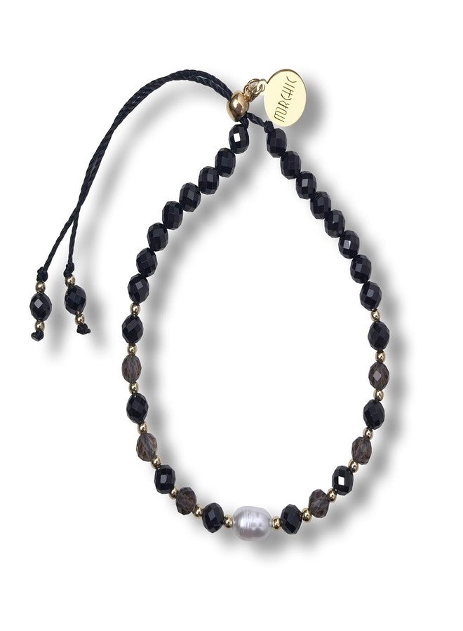 Morchic Easy Adjustable Bracelet : Black Spinel, Smoky Quartz & Pearl, 14K Gold Plated - Women's Birthday Gift - Image 1