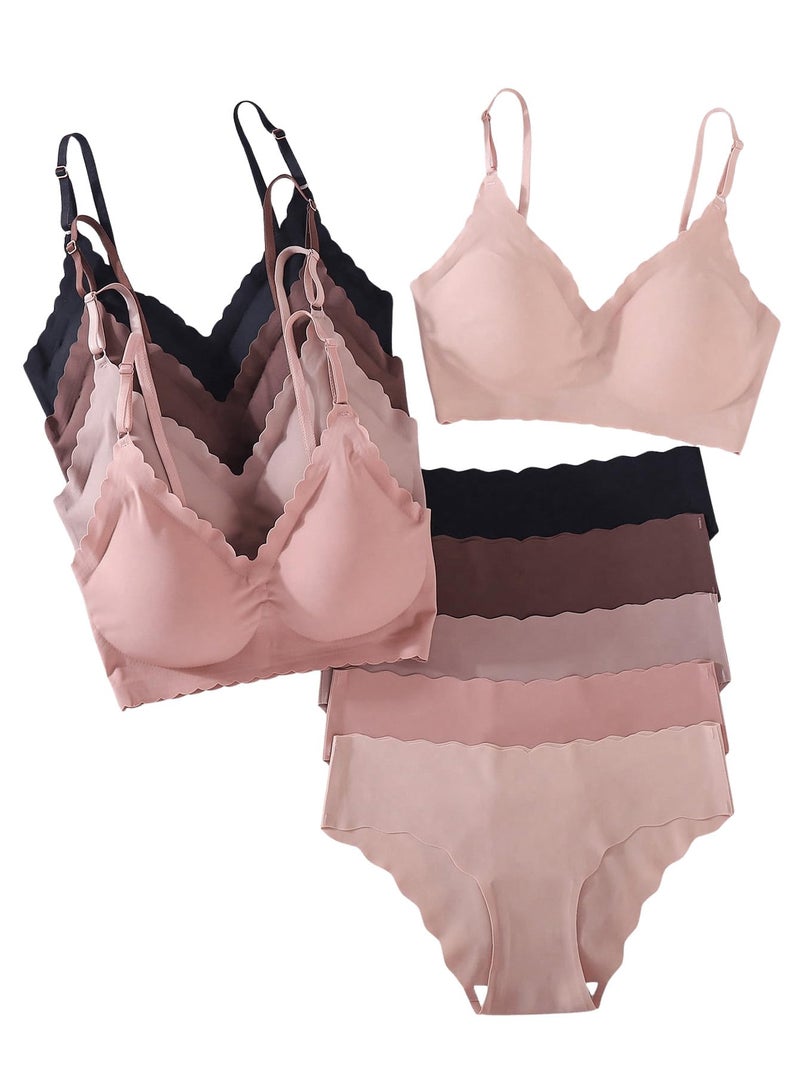 BEAUDRM Women's 5 Pack Seamless Lingerie Sets Scallop Trim Wireless Bralettes No Show Bra and Panty Sets Matching Underwear Multicolor Large - Image 1