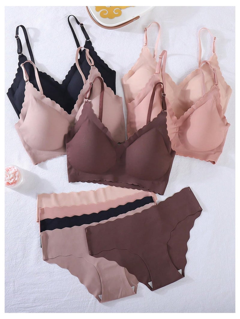 BEAUDRM Women's 5 Pack Seamless Lingerie Sets Scallop Trim Wireless Bralettes No Show Bra and Panty Sets Matching Underwear Multicolor Large - Image 4