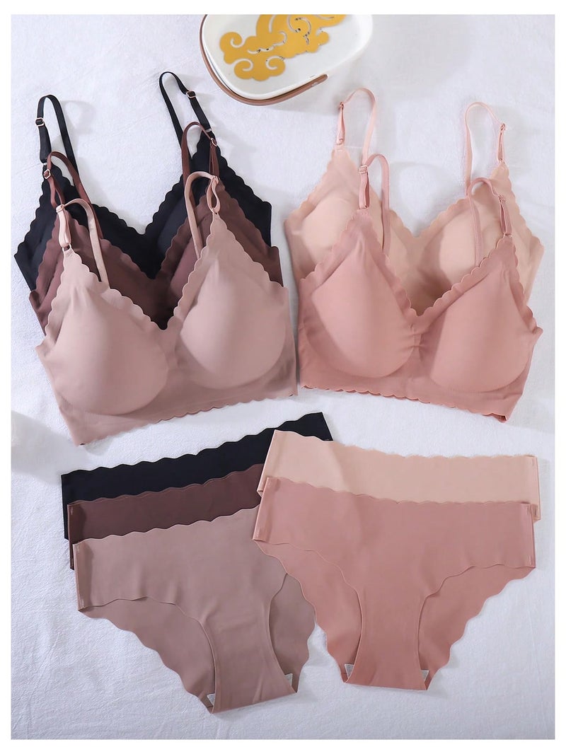 BEAUDRM Women's 5 Pack Seamless Lingerie Sets Scallop Trim Wireless Bralettes No Show Bra and Panty Sets Matching Underwear Multicolor Large - Image 3