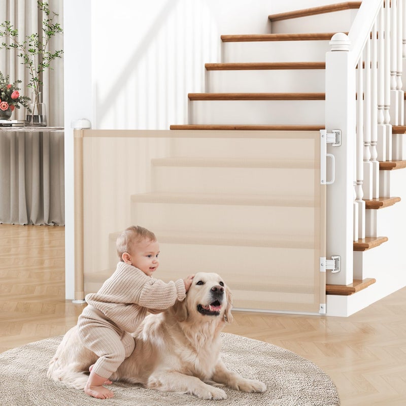 Cideny Retractable Baby Gate for Stairs, 55" Wide Mesh Dog Gate Indoor, 34" Tall Child Gate for Doorways, Hallways, Deck, Indoor Outdoor Pet Baby Safety Essentials for Home, Beige - Image 1