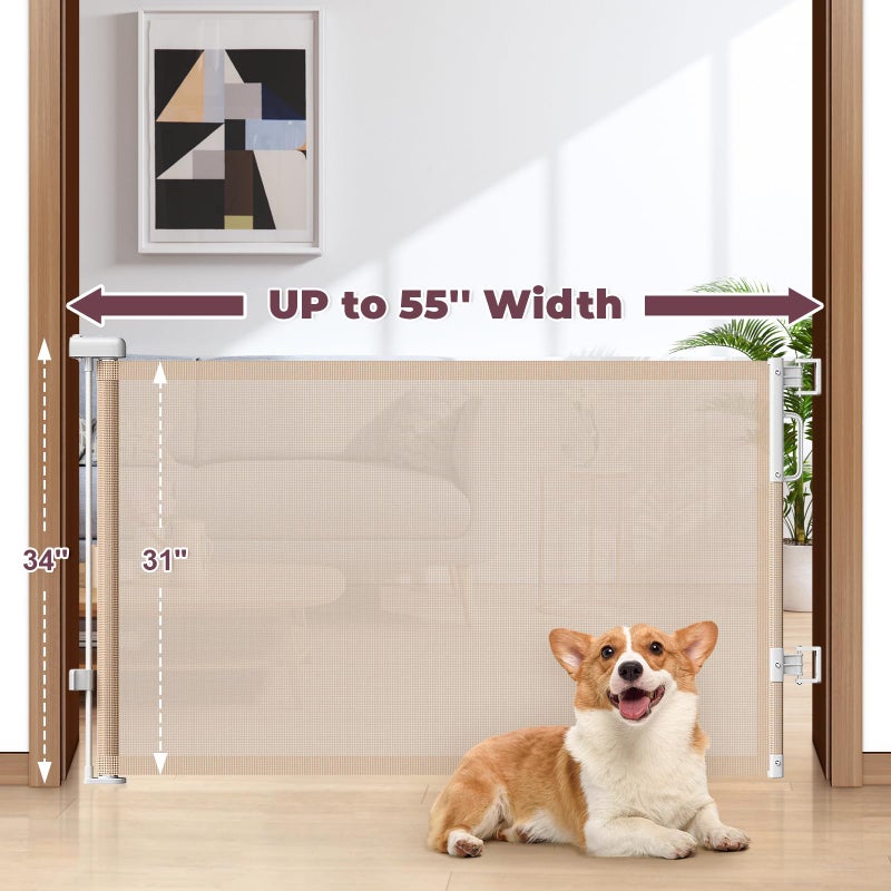 Cideny Retractable Baby Gate for Stairs, 55" Wide Mesh Dog Gate Indoor, 34" Tall Child Gate for Doorways, Hallways, Deck, Indoor Outdoor Pet Baby Safety Essentials for Home, Beige - Image 2