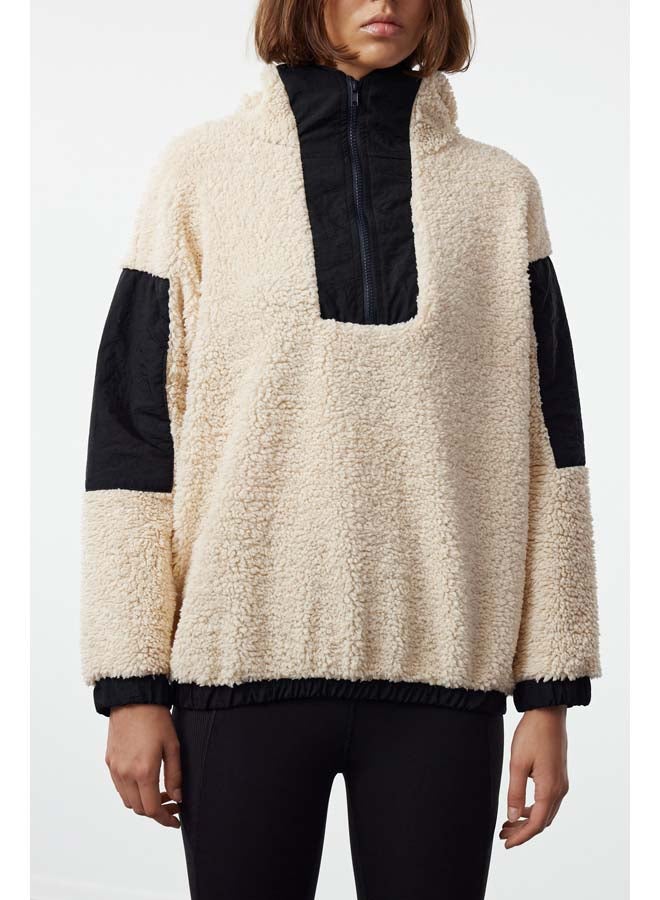 trendyol Stone Color Block Zipper Detailed Plush Knitted Sports Sweatshirt THMAW25SW00001  - Image 3