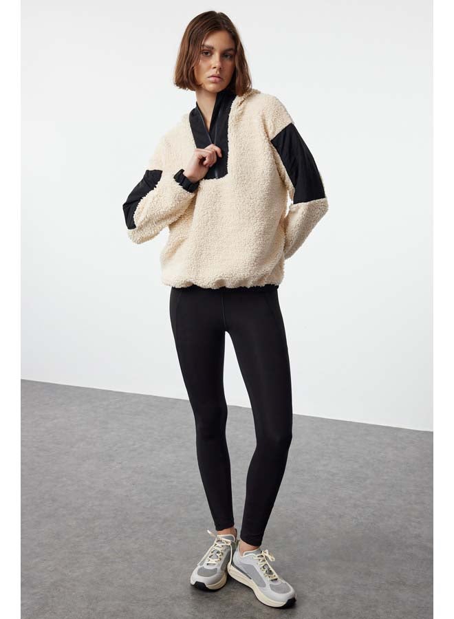trendyol Stone Color Block Zipper Detailed Plush Knitted Sports Sweatshirt THMAW25SW00001  - Image 2