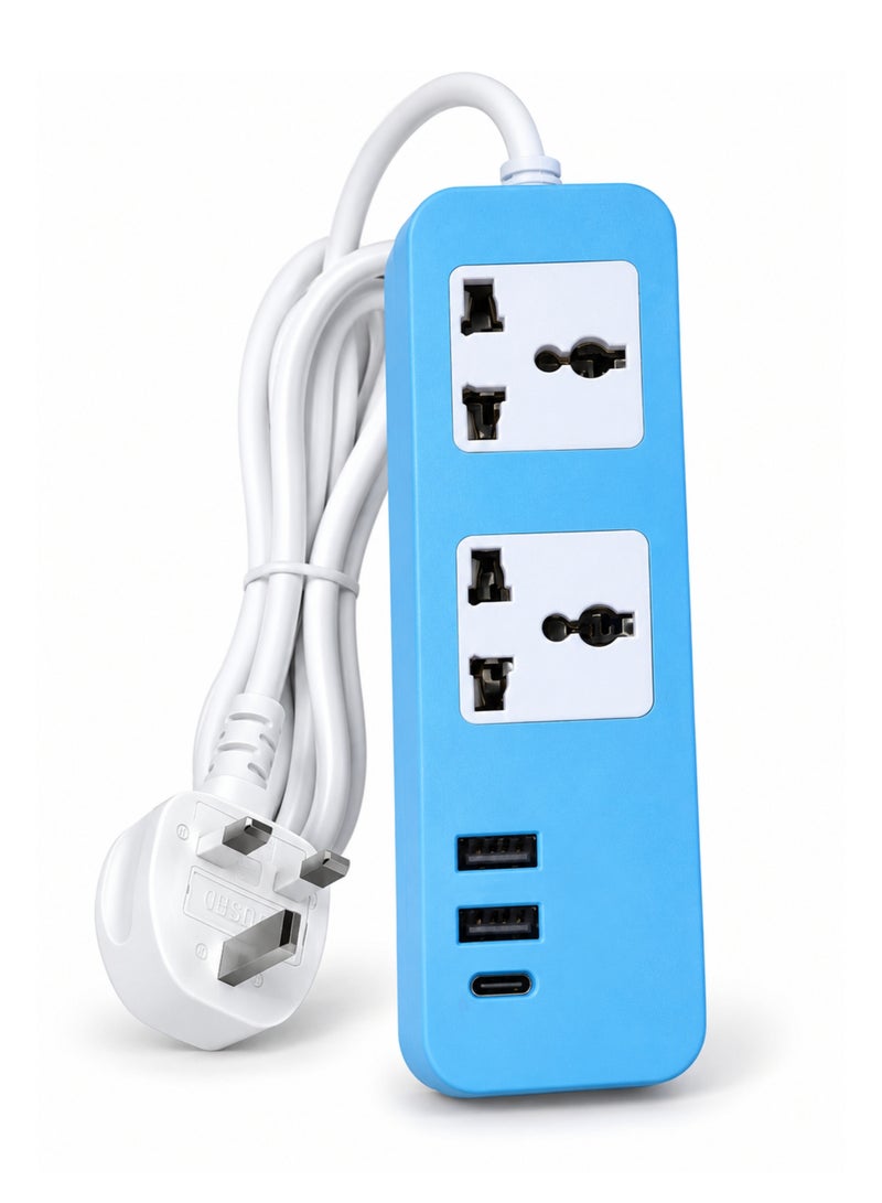 Power Strip 2 Universal Outlets, 2 USB-A & 1 USB-C Ports, 2m Extension Cord, UK 3-Pin Plug, Blue - Image 1