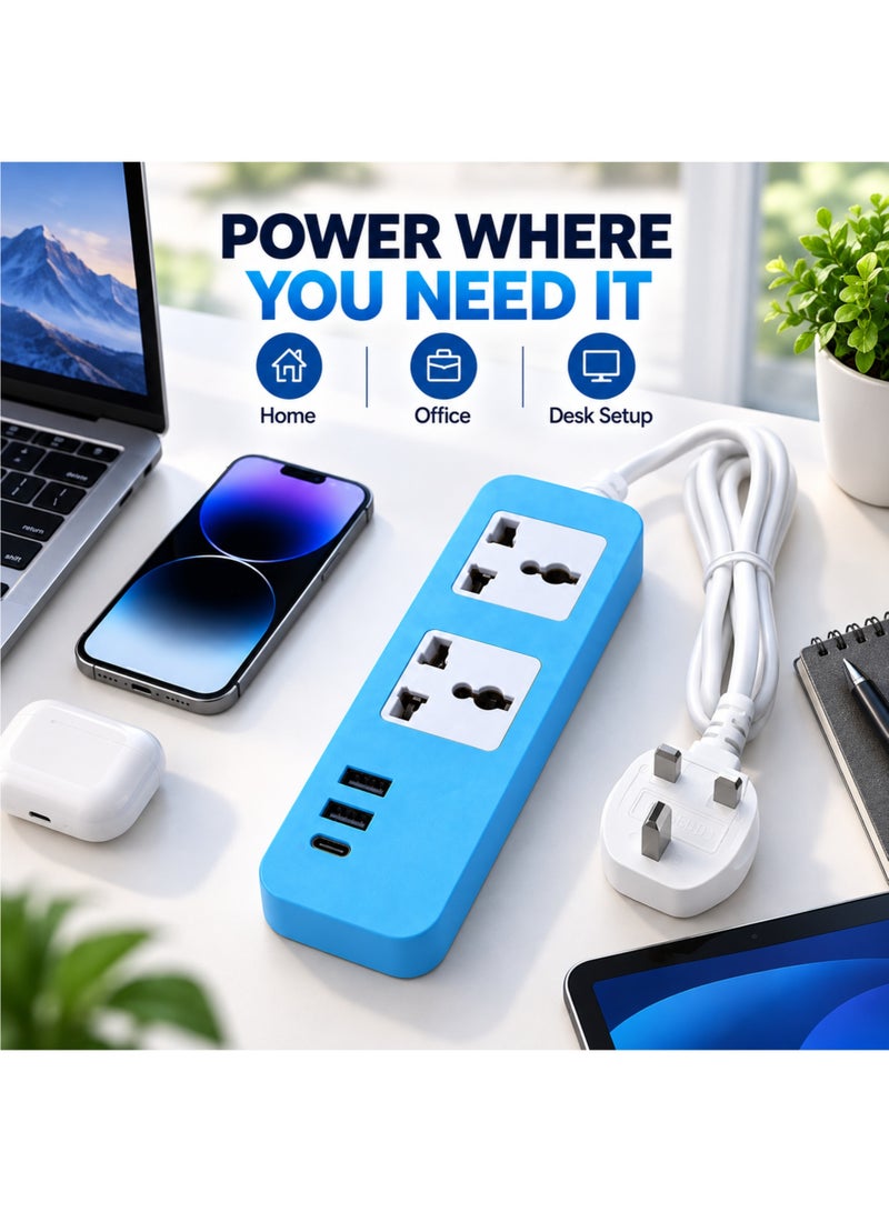 Power Strip 2 Universal Outlets, 2 USB-A & 1 USB-C Ports, 2m Extension Cord, UK 3-Pin Plug, Blue - Image 3