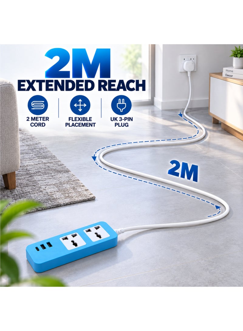 Power Strip 2 Universal Outlets, 2 USB-A & 1 USB-C Ports, 2m Extension Cord, UK 3-Pin Plug, Blue - Image 4