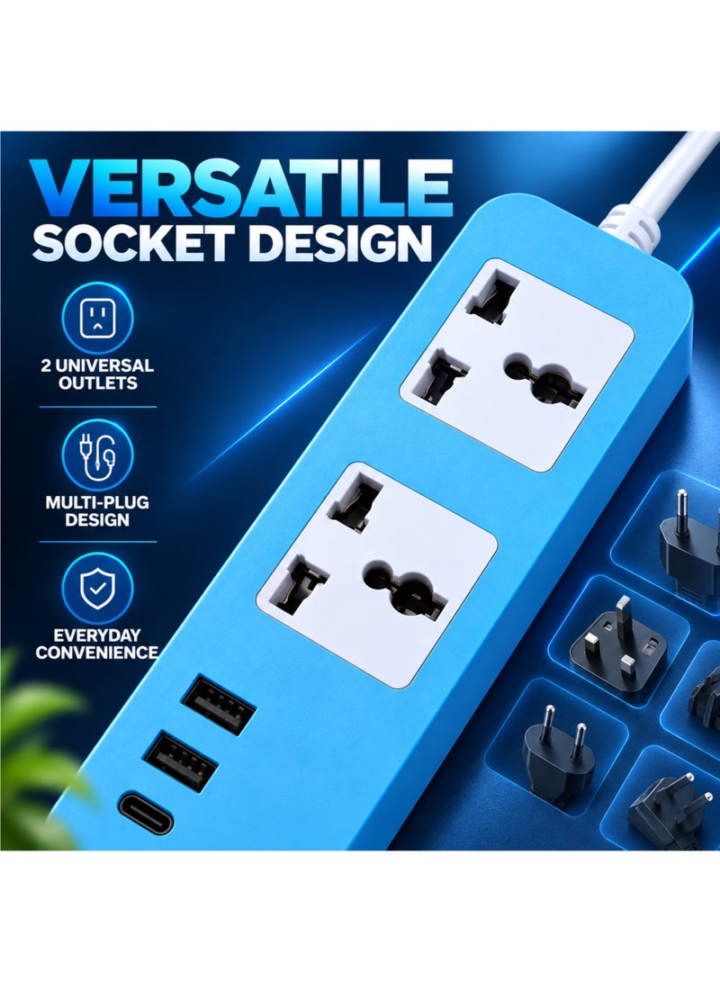 Power Strip 2 Universal Outlets, 2 USB-A & 1 USB-C Ports, 2m Extension Cord, UK 3-Pin Plug, Blue - Image 5