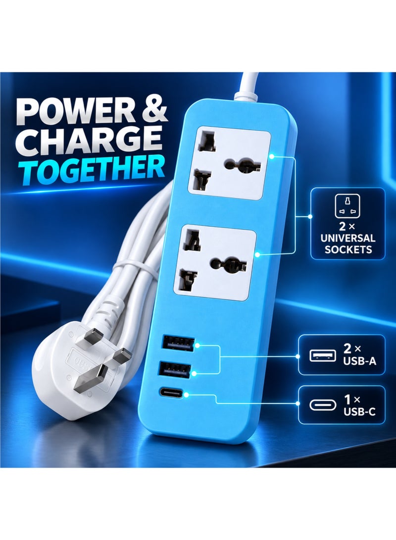Power Strip 2 Universal Outlets, 2 USB-A & 1 USB-C Ports, 2m Extension Cord, UK 3-Pin Plug, Blue - Image 2