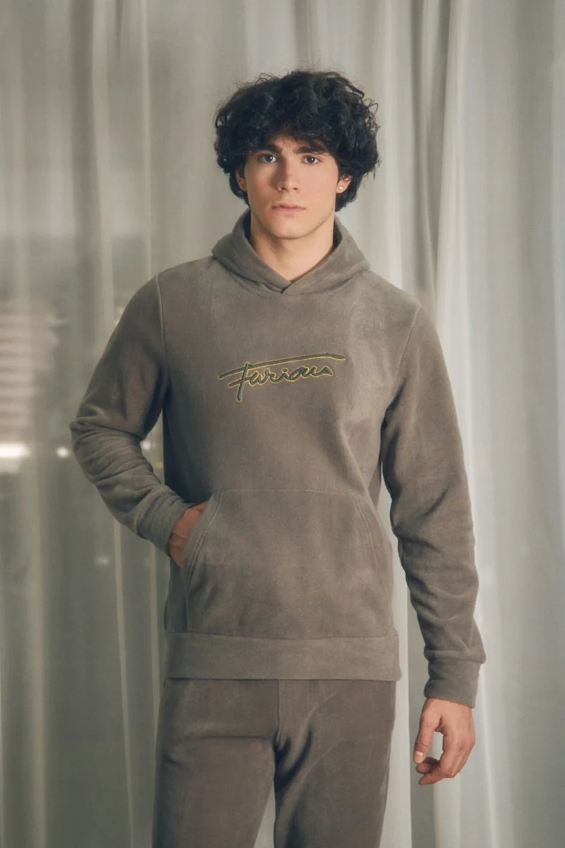 FullaModa Letter Embroidered Kangaroo Pocket Hooded Polar Fleece Sweatshirt