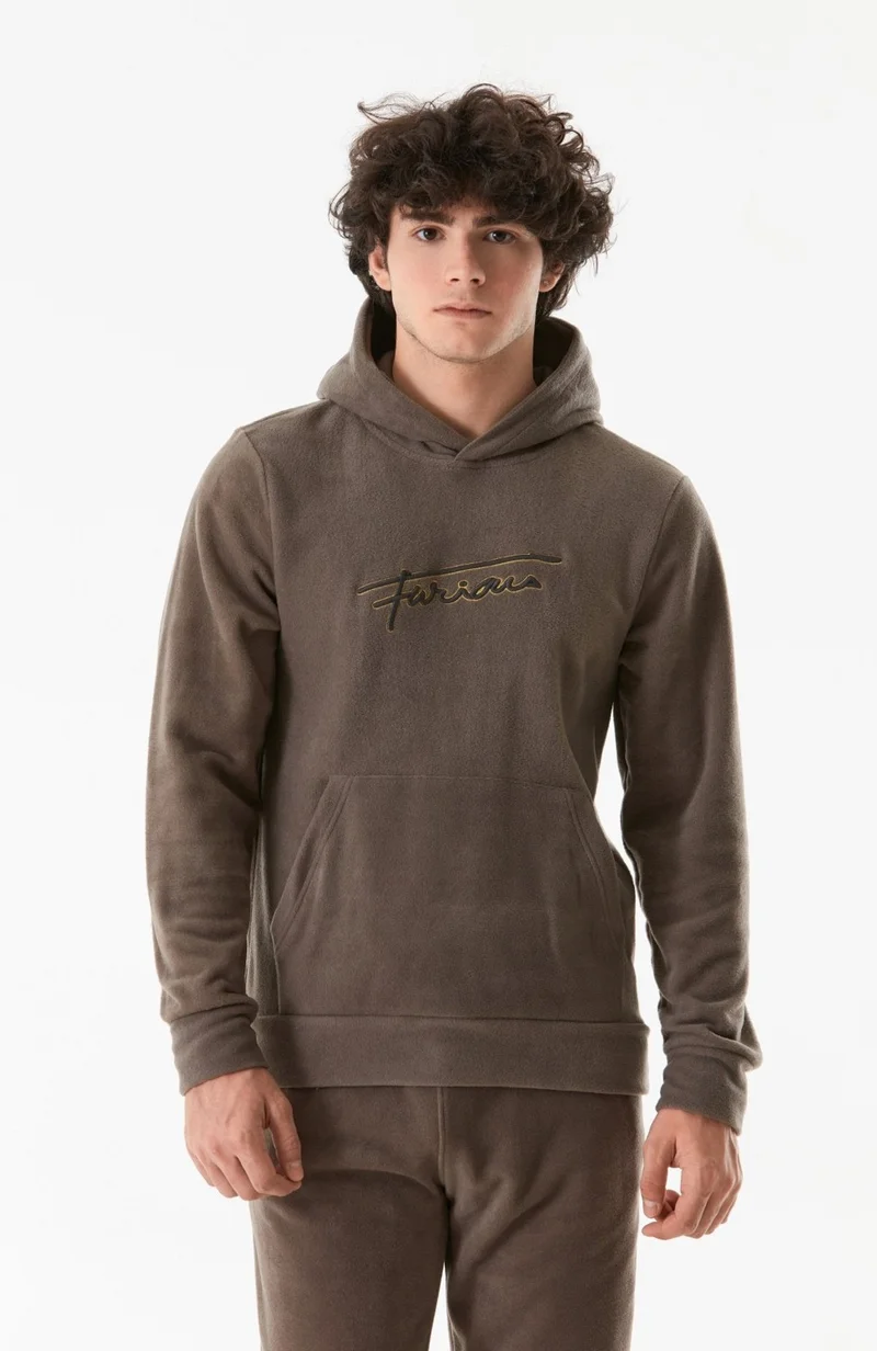 FullaModa Letter Embroidered Kangaroo Pocket Hooded Polar Fleece Sweatshirt