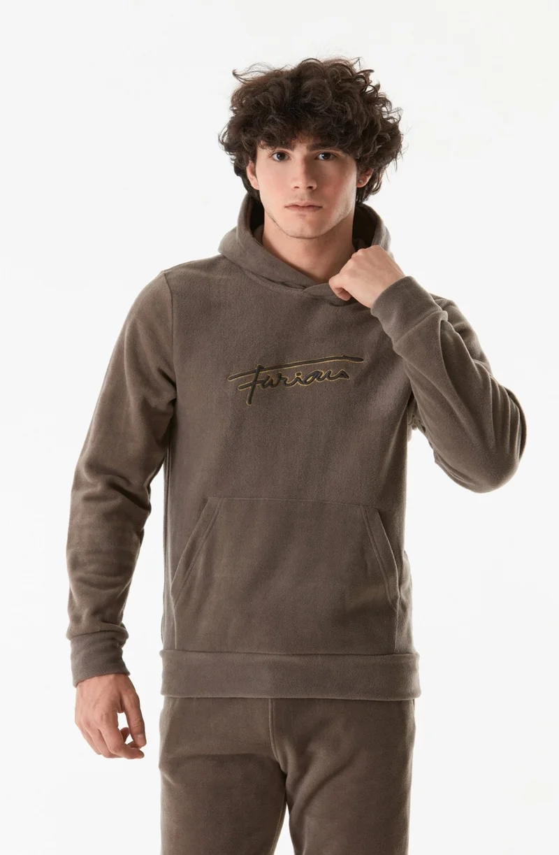 FullaModa Letter Embroidered Kangaroo Pocket Hooded Polar Fleece Sweatshirt