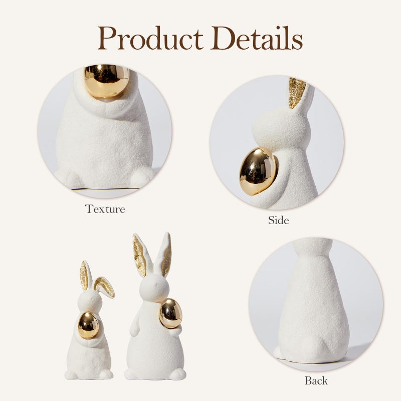 DN DECONATION Easter Decoration Bunny Decor - Easter Spring White Rabbit Sculpture, Ceramic Statues with Gold Eggs for Modern Farmhouse Home Decor Tabletop Centerpiece Shelf Wedding Gifts - Image 5