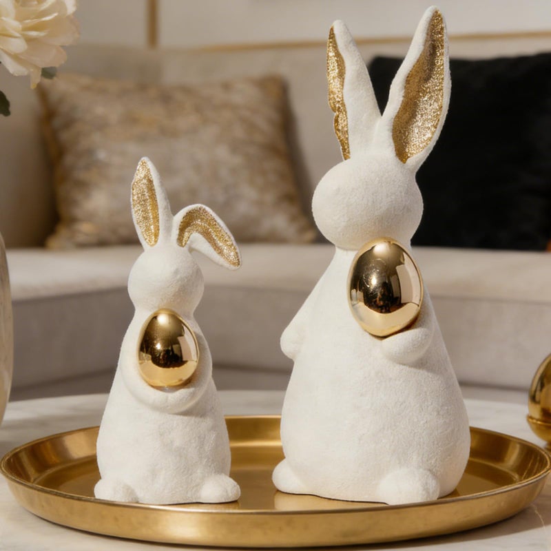 DN DECONATION Easter Decoration Bunny Decor - Easter Spring White Rabbit Sculpture, Ceramic Statues with Gold Eggs for Modern Farmhouse Home Decor Tabletop Centerpiece Shelf Wedding Gifts - Image 1