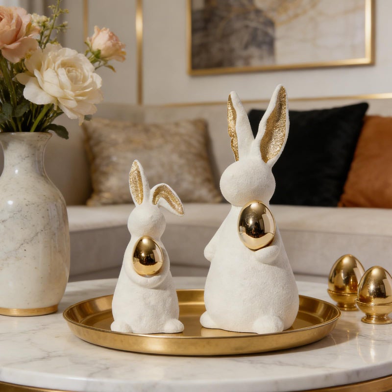 DN DECONATION Easter Decoration Bunny Decor - Easter Spring White Rabbit Sculpture, Ceramic Statues with Gold Eggs for Modern Farmhouse Home Decor Tabletop Centerpiece Shelf Wedding Gifts - Image 4