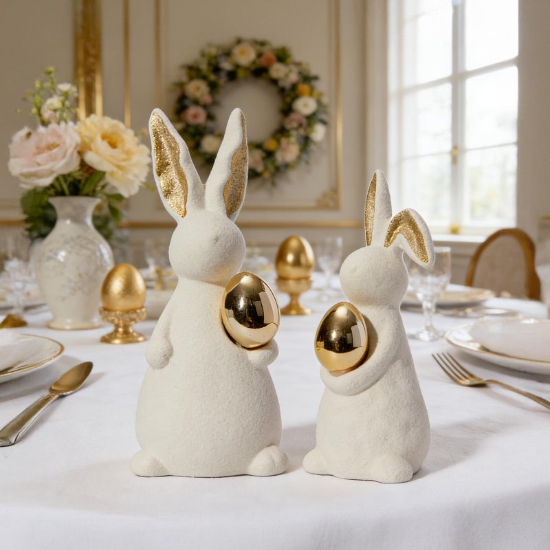 DN DECONATION Easter Decoration Bunny Decor - Easter Spring White Rabbit Sculpture, Ceramic Statues with Gold Eggs for Modern Farmhouse Home Decor Tabletop Centerpiece Shelf Wedding Gifts - Image 3