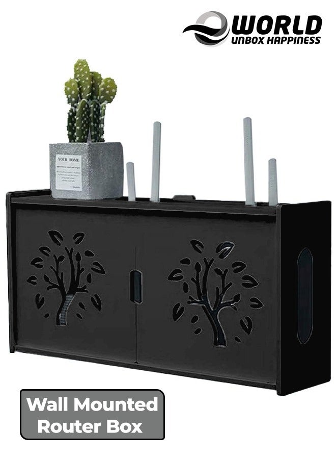 Eworld Stylish Wall-Mounted Router Rack for Wi-Fi Router, Set-Top Box, Light Cat Box, and More, Includes Doors and Patch Panel Shielding Box for Neat Storage, Black - Image 1