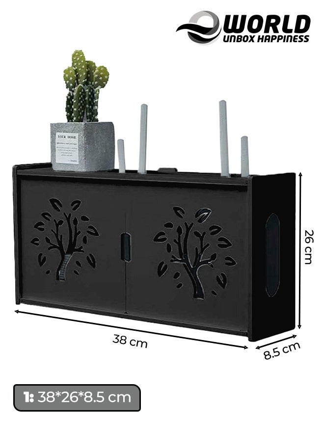 Eworld Stylish Wall-Mounted Router Rack for Wi-Fi Router, Set-Top Box, Light Cat Box, and More, Includes Doors and Patch Panel Shielding Box for Neat Storage, Black - Image 2