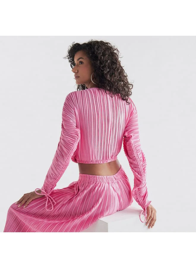 Splash FAV Pleated Crop Top with Balloon Sleeves and Ruffle Detail