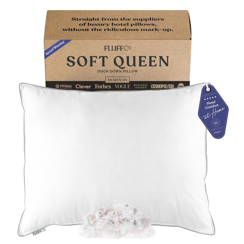 FluffCo Zen Fluff Down StandardQueen Pillow with 600 Fill Power White Duck Down Stomach Sleeper Pillows  Luxury Hotel Quality 300 Thread Count  100 Cotton Feather Pillows Soft Queen Size 1 Pack
