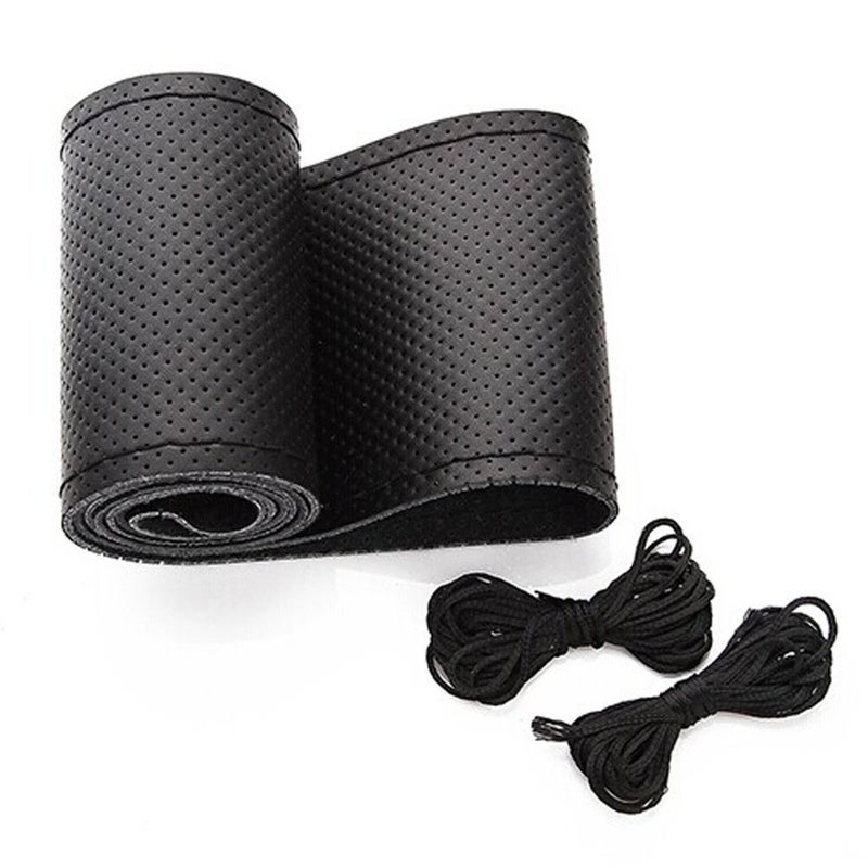 Onerbuy Universal Leather Car Steering Wheel Stitch On Wrap Cover DIY Sewing Breathable and Anti Slip Maximum for 15Inch Diameter Car Steering Wheel Black
