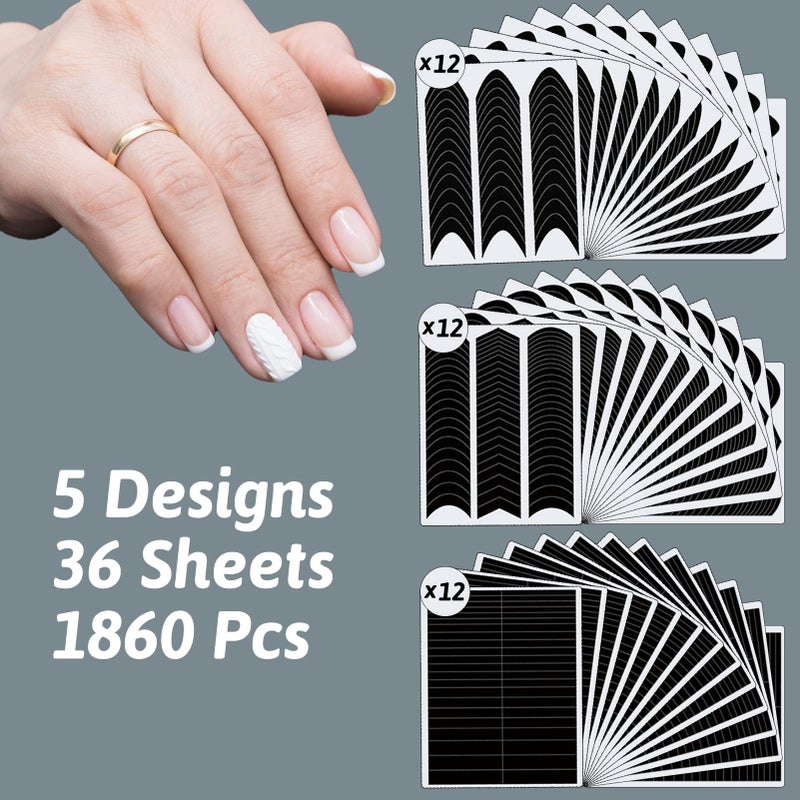 winthrop 1860 Pcs French Tip Nail Guides, Self-Adhesive French V-Shaped Moon Shaped Manicure Strip Stickers for Edge Auxiliary Black DIY Decoration Stencil Tools(5 Designs, 36 Sheets) - Image 2