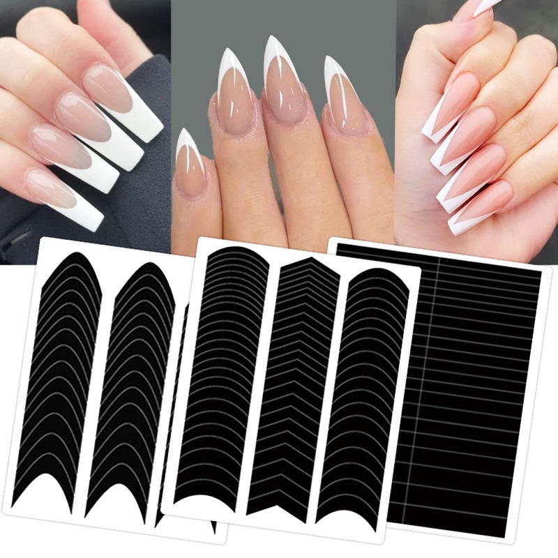 winthrop 1860 Pcs French Tip Nail Guides, Self-Adhesive French V-Shaped Moon Shaped Manicure Strip Stickers for Edge Auxiliary Black DIY Decoration Stencil Tools(5 Designs, 36 Sheets) - Image 1
