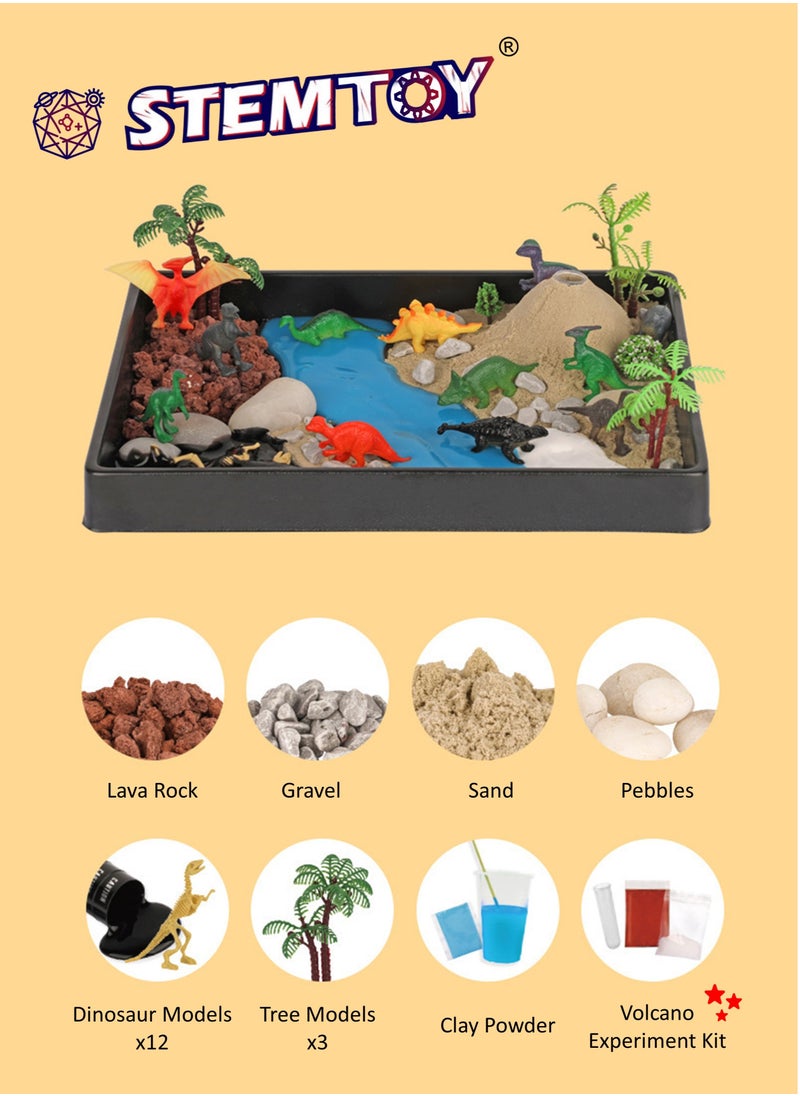 STEMTOY Jurassic Volcano Eruption & Dinosaur Habitat Science Kit – Build a Miniature Prehistoric Ecosystem with a Volcano Experiment, Rocks, Colored Sand, Trees, 12 Dinosaur Figures & Activity Guide– STEM/ STEAM Educational Toy for Kids  - Image 3