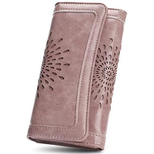 APHISON Womens Wallets RFID Blocking PU Leather Clutch Long Wallet for Women Card Holder Phone Organizer Ladies Travel Purse Hollow Out Sunflower Design Gift Box 2214 Dark-pink - Image 1