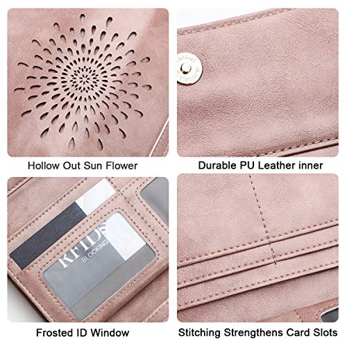 APHISON Womens Wallets RFID Blocking PU Leather Clutch Long Wallet for Women Card Holder Phone Organizer Ladies Travel Purse Hollow Out Sunflower Design Gift Box 2214 Dark-pink - Image 5