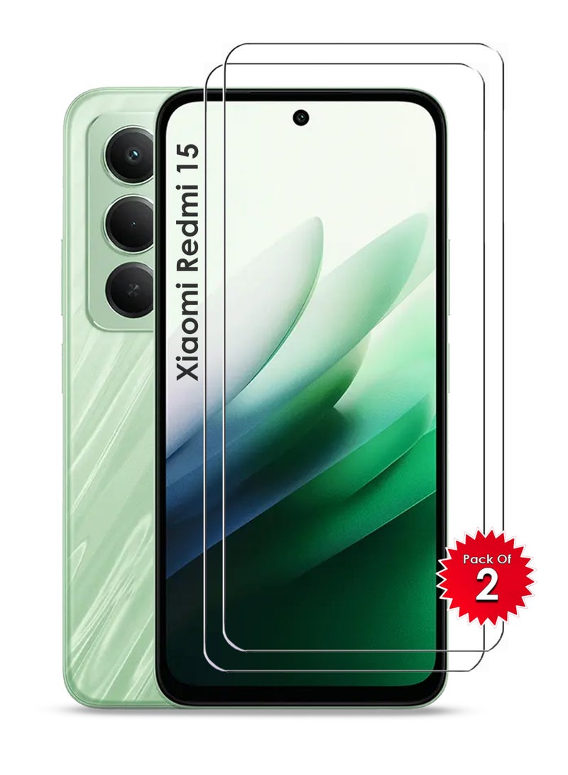قطعتان من واقي شاشة زجاجي مقوى لهاتف شاومي ريدمي 15 - شفافية عالية، لمسة ناعمة، مقاوم للانفجار، حواف منحنية سلسة، سهل التركيب، واقي شاشة لهاتف شاومي ريدمي 15 - Image 1