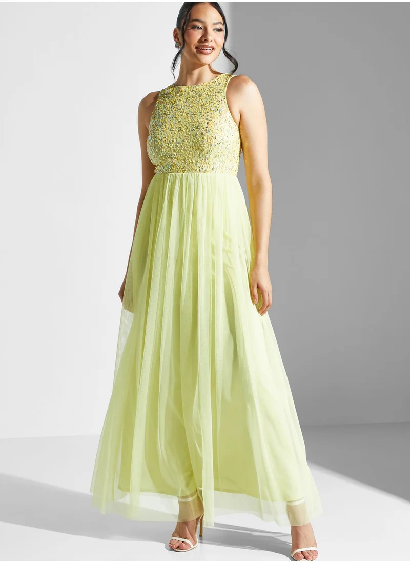 Lace and Beads Embellished Detail Plisse Dress