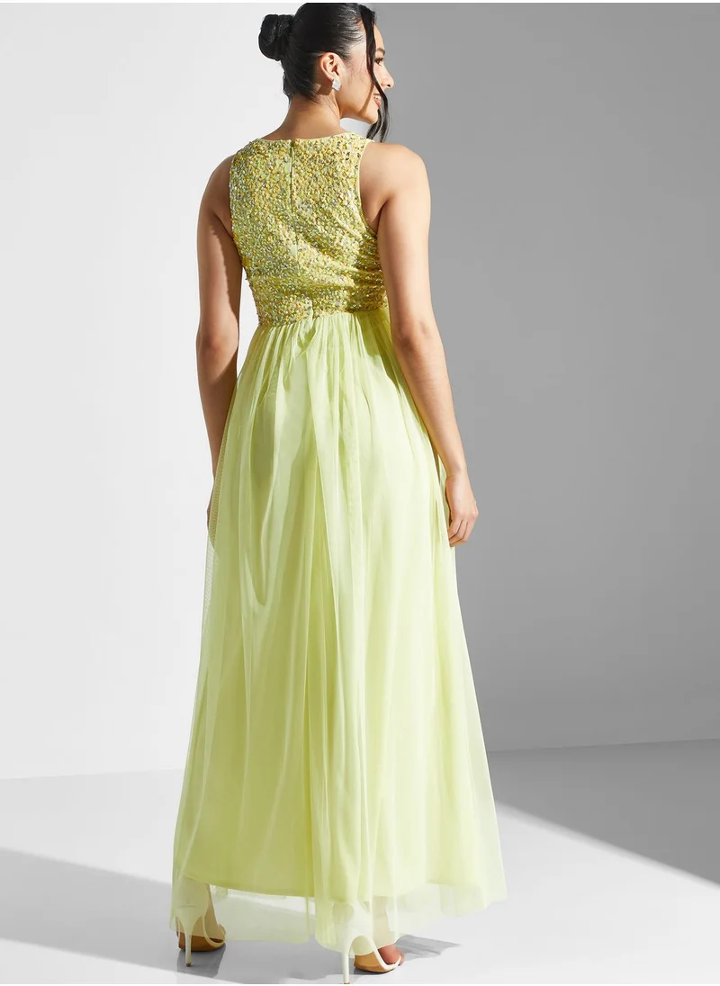 Lace and Beads Embellished Detail Plisse Dress