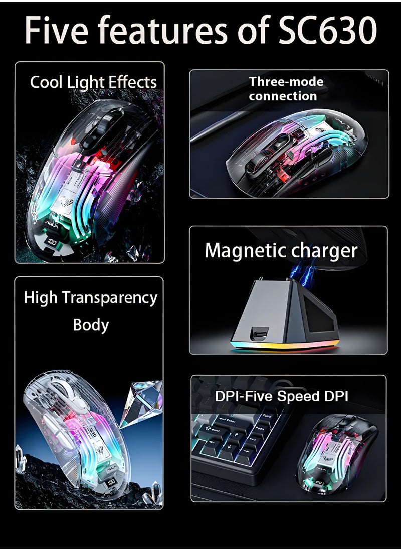 AULA SC630 Wireless Gaming Mouse Triple Mode Bluetooth RGB with Charging Dock Magnetic Charging PC Gaming Mouse 2.4G/Bluetooth/Wired Office Universal Silent Continuity Long Lasting Transparent Case For Win/MAC Purple  - Image 2