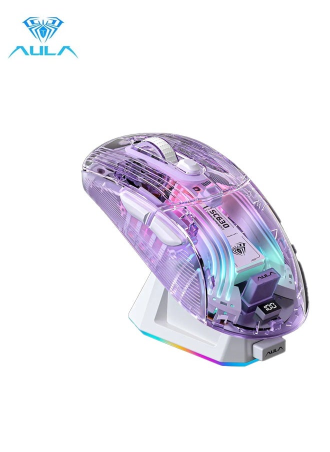 AULA SC630 Wireless Gaming Mouse Triple Mode Bluetooth RGB with Charging Dock Magnetic Charging PC Gaming Mouse 2.4G/Bluetooth/Wired Office Universal Silent Continuity Long Lasting Transparent Case For Win/MAC Purple  - Image 1