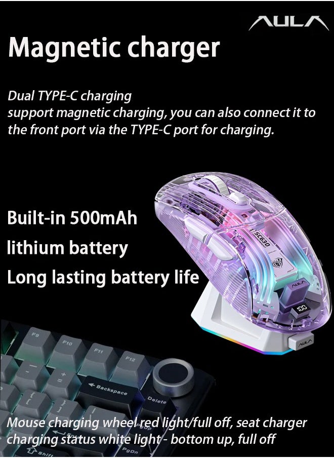 AULA SC630 Wireless Gaming Mouse Triple Mode Bluetooth RGB with Charging Dock Magnetic Charging PC Gaming Mouse 2.4G/Bluetooth/Wired Office Universal Silent Continuity Long Lasting Transparent Case For Win/MAC Purple  - Image 5