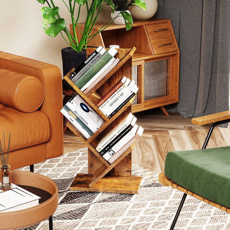 YMYNY Tree Bookshelf, 4-Tier Book Storage Organizer Shelves,Rustic Brown, HBC014H - Image 5