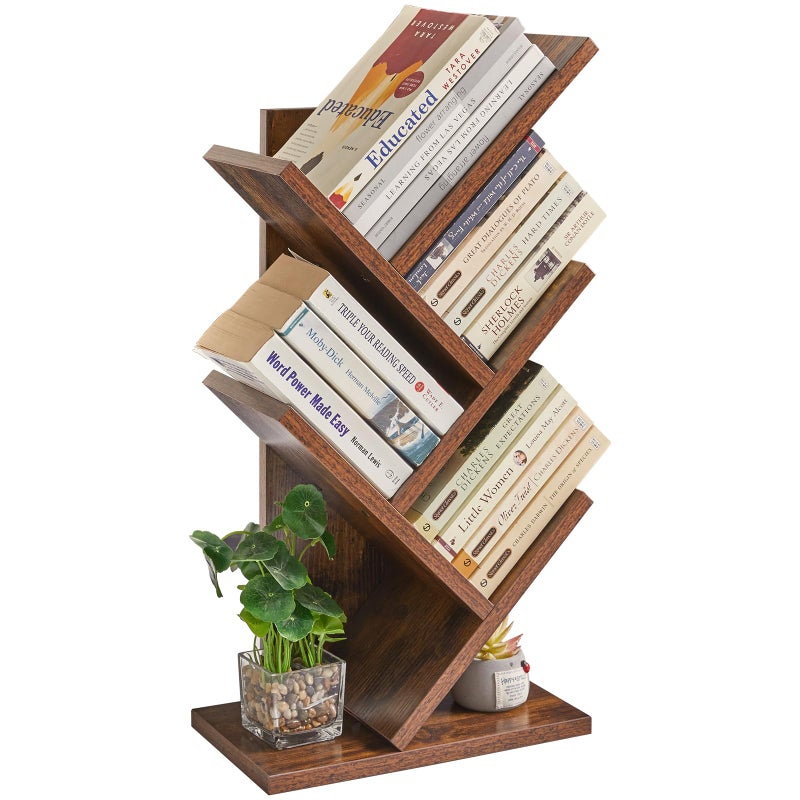 YMYNY Tree Bookshelf, 4-Tier Book Storage Organizer Shelves,Rustic Brown, HBC014H - Image 1