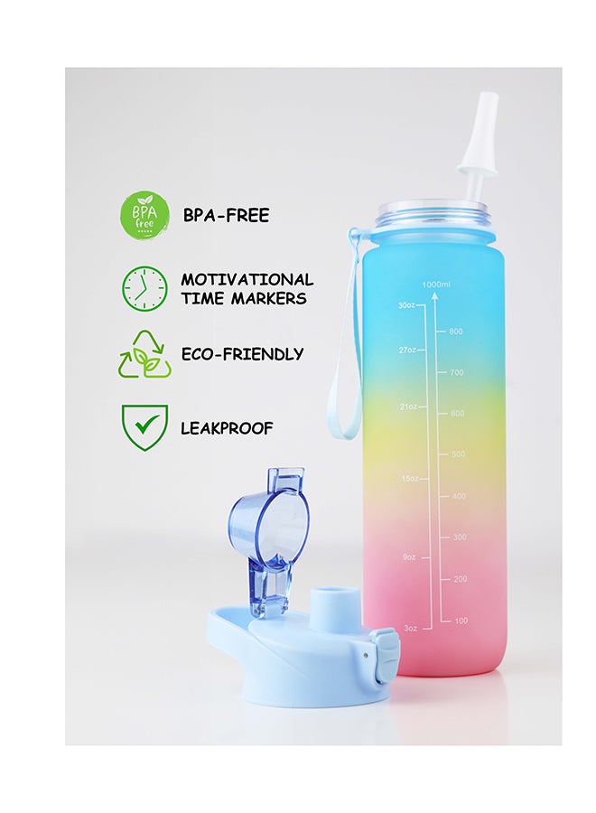 Toshionics 1000ml Motivational Drinking Water Bottle with Time Markers, One-Button Lockable Lid, Soft Straw, Dual Carry Handle and Free Cute Design Cartoon Stickers- BPA-Free, Leak-Proof Lid, Eco- Friendly, Plastic, Reusable, Drink Reminder Water Bottle for Adults and Kids in School, Office, Daily Hydration, Gym, Fitness, Yoga, Cycling, Hiking, Outdoor Camping, Hiking, Sports and Travel, 32oz Bottle - Image 2