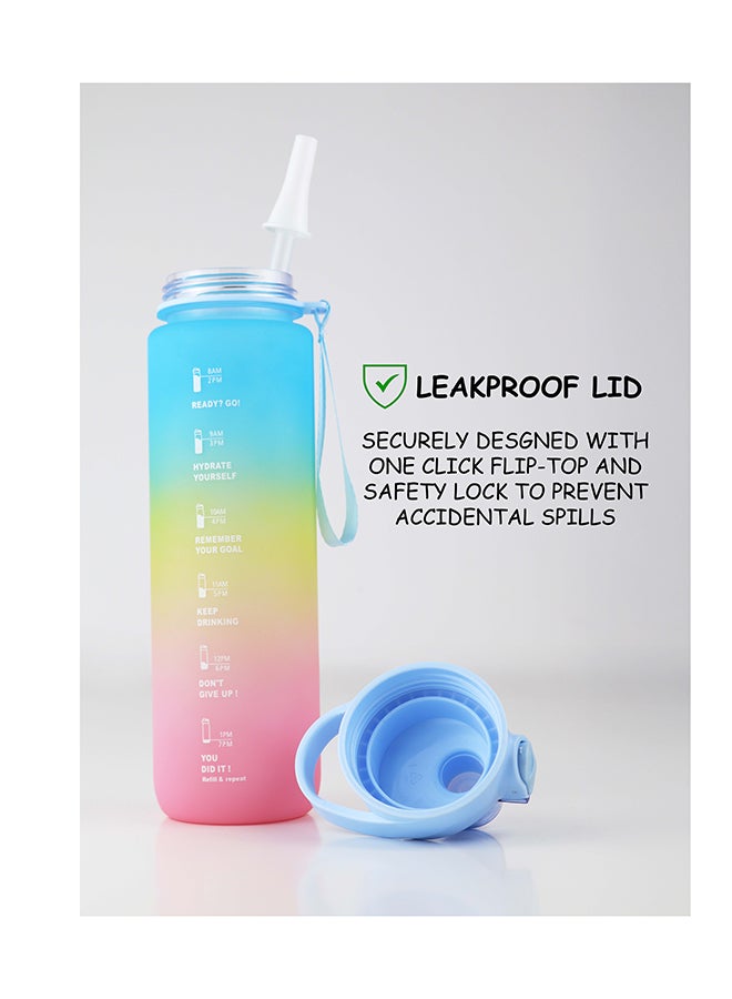 Toshionics 1000ml Motivational Drinking Water Bottle with Time Markers, One-Button Lockable Lid, Soft Straw, Dual Carry Handle and Free Cute Design Cartoon Stickers- BPA-Free, Leak-Proof Lid, Eco- Friendly, Plastic, Reusable, Drink Reminder Water Bottle for Adults and Kids in School, Office, Daily Hydration, Gym, Fitness, Yoga, Cycling, Hiking, Outdoor Camping, Hiking, Sports and Travel, 32oz Bottle - Image 3