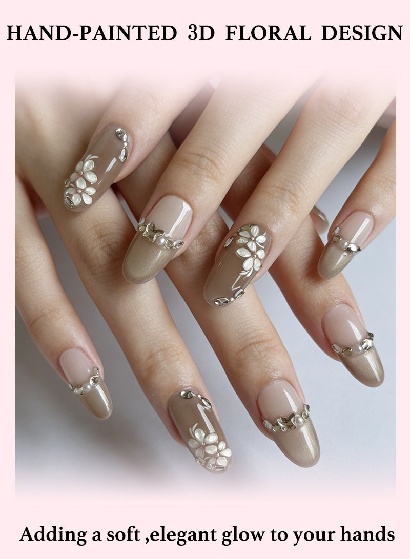 أظافر فاخرة جاهزة للتركيب (Luxury Press On Nails)، بتدرج بني موكا ناعم مع تصميم زهور ثلاثي الأبعاد مصنوع يدويًا ومزين بأحجار الراين، أظافر صناعية أومبري محايدة قابلة لإعادة الاستخدام، مناسبة للإطلالات الأنيقة اليومية والحفلات والمناسبات الخاصة - Image 1