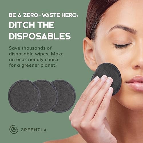 Greenzla Reusable Makeup Remover Pads - 20 Pack Organic Dark Charcoal Bamboo Cotton Pads with Mesh Laundry Bag, Cotton Travel Pouch, & Cotton Rounds Holder, Sustainable Face Wipes for All Skin Types - Image 4