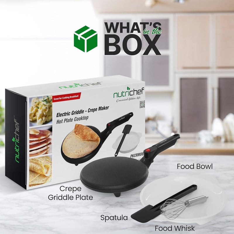 NutriChef صانع الكريب الكهربائي | سطح طهي غير لاصق بحجم 8 بوصات مع مفتاح تشغيل/إيقاف | يطبخ الروتي، التورتيلا والفطائر | تحكم تلقائي في درجة الحرارة ومقبض بارد اللمس | يشمل وعاء الطعام، خفاقة ومجرفة - Image 2