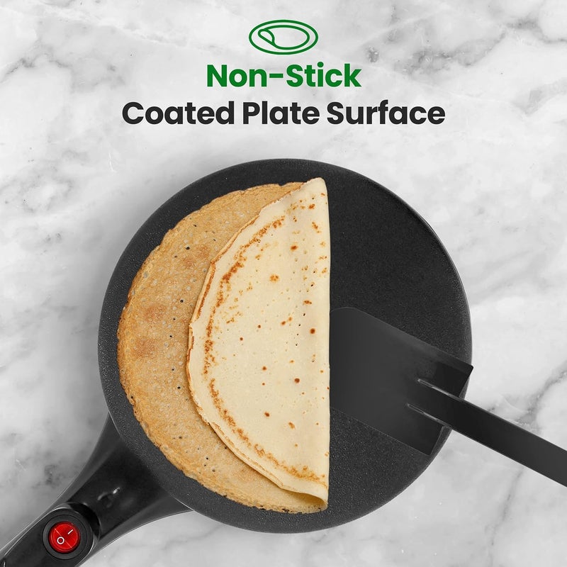 NutriChef صانع الكريب الكهربائي | سطح طهي غير لاصق بحجم 8 بوصات مع مفتاح تشغيل/إيقاف | يطبخ الروتي، التورتيلا والفطائر | تحكم تلقائي في درجة الحرارة ومقبض بارد اللمس | يشمل وعاء الطعام، خفاقة ومجرفة - Image 3
