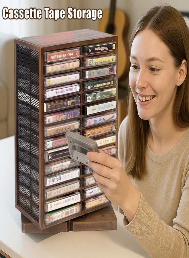 WodGod Cassette Tape Storage Box, Wood Cassette Rack, Wooden Cassette Tape Holder 360-Degree Rotatable, 56 Capacity, Double-Sided & Diamond Metal Wire Mesh, the Ideal Gift for Cassette Collectors - Image 5