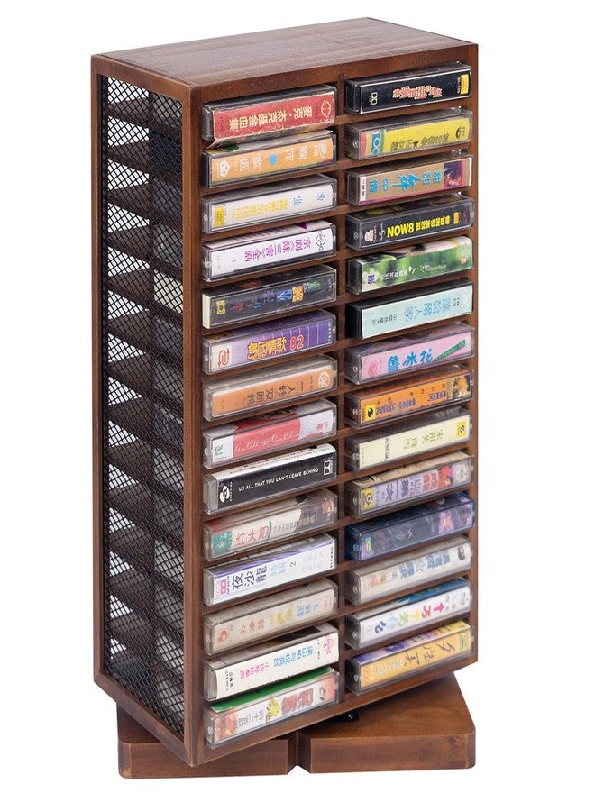 WodGod Cassette Tape Storage Box, Wood Cassette Rack, Wooden Cassette Tape Holder 360-Degree Rotatable, 56 Capacity, Double-Sided & Diamond Metal Wire Mesh, the Ideal Gift for Cassette Collectors - Image 1