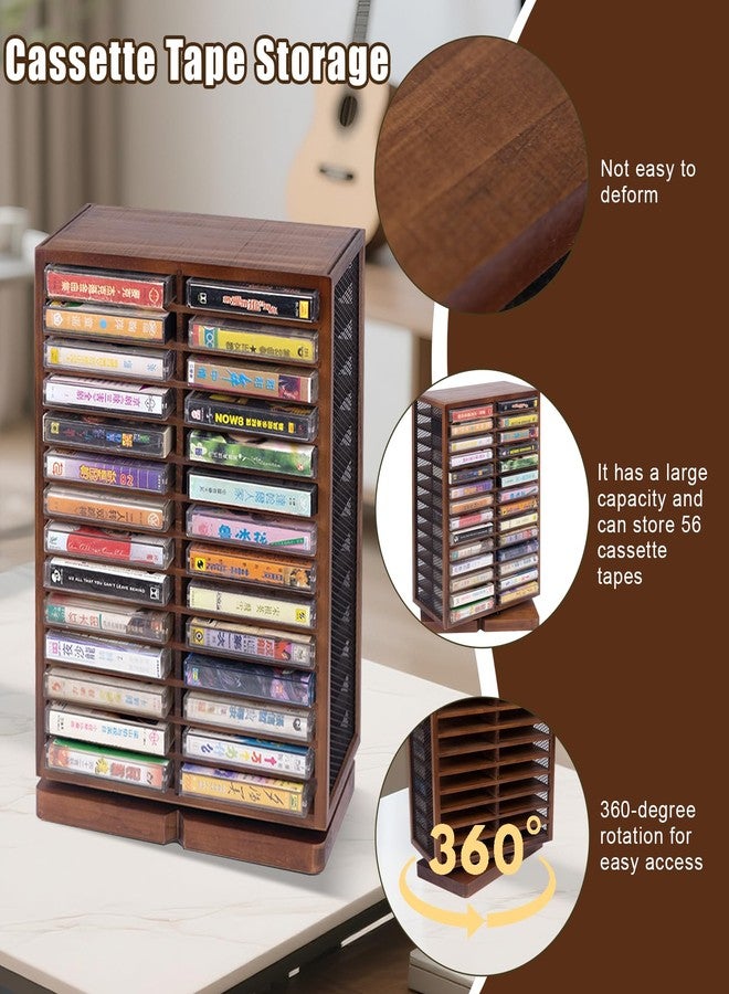 WodGod Cassette Tape Storage Box, Wood Cassette Rack, Wooden Cassette Tape Holder 360-Degree Rotatable, 56 Capacity, Double-Sided & Diamond Metal Wire Mesh, the Ideal Gift for Cassette Collectors - Image 3