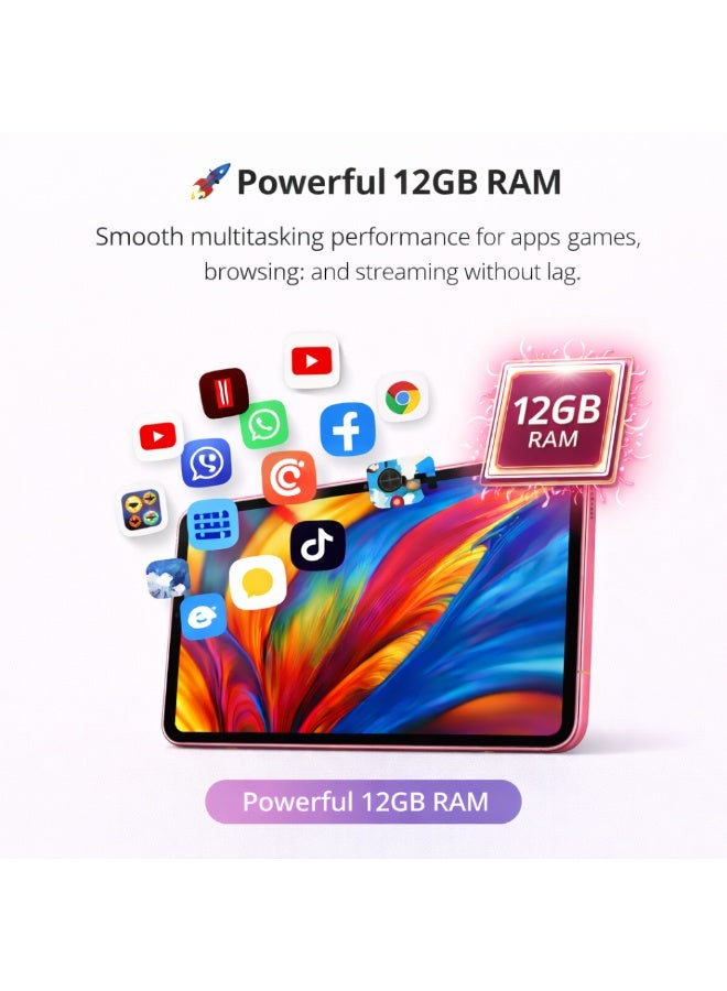 Telzeal P201 11-Inch Tablet (Pink), 12GB RAM + 512GB ROM, 10000mAh Battery, Dual SIM, 8MP+13MP Camera, Android 13, with Keyboard, Mouse & Accessories - Image 3