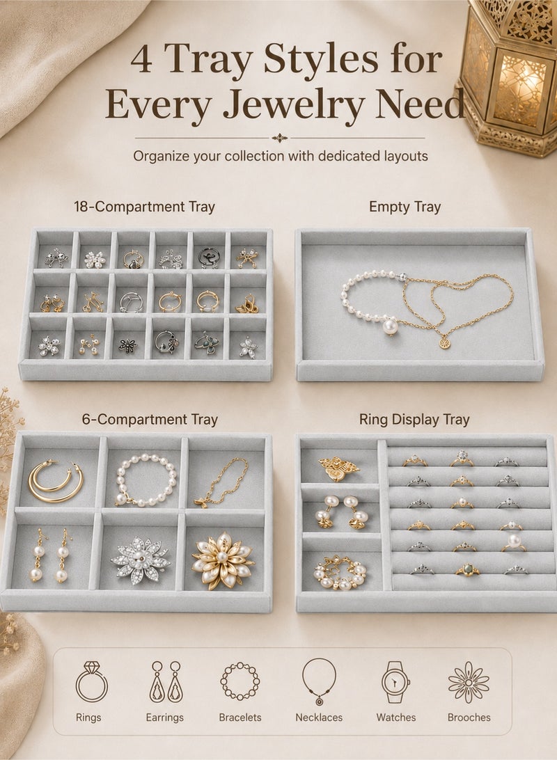 YIM-VIBEHAUS 4Pcs Stackable Jewelry Organizer Trays for Drawers Display Case Storage Container Earring Necklace Rings Bracelet with Removable Dividers Jewelry Box - Image 2