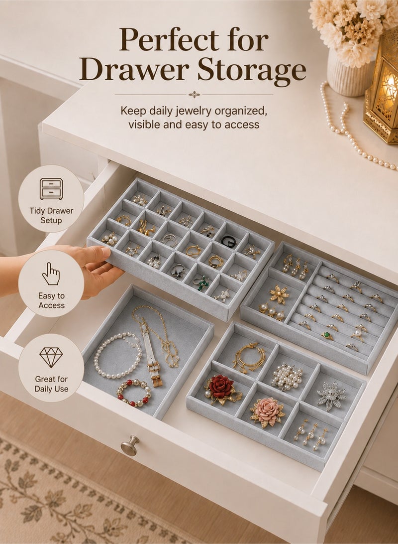 YIM-VIBEHAUS 4Pcs Stackable Jewelry Organizer Trays for Drawers Display Case Storage Container Earring Necklace Rings Bracelet with Removable Dividers Jewelry Box - Image 5